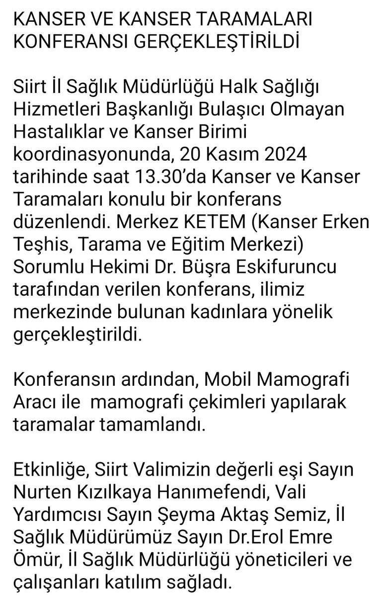 Siirt İl Sağlık Müdürlüğü, Kanser ve Kanser Taramaları Konulu Konferansa Ev Sahipliği Yaptı