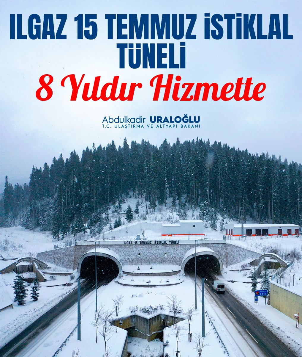 
    Ulaştırma ve Altyapı Bakanı Abdulkadir Uraloğlu, Ilgaz 15 Temmuz İstiklâl Tüneli'nin başarılı hizmet sürecini kutladı
  