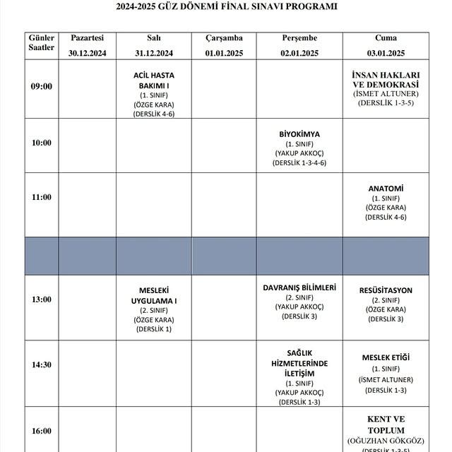 Posof Meslek Yüksekokulu İlk ve Acil Yardım Programı için 2024-2025 Güz Dönemi Final ve Bütünleme Sınavı Tarihleri Açıklandı