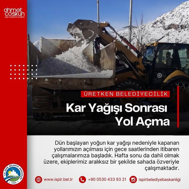 İspir'de Kar Yağışı Nedeniyle Yol Açma Çalışmaları Sürüyor