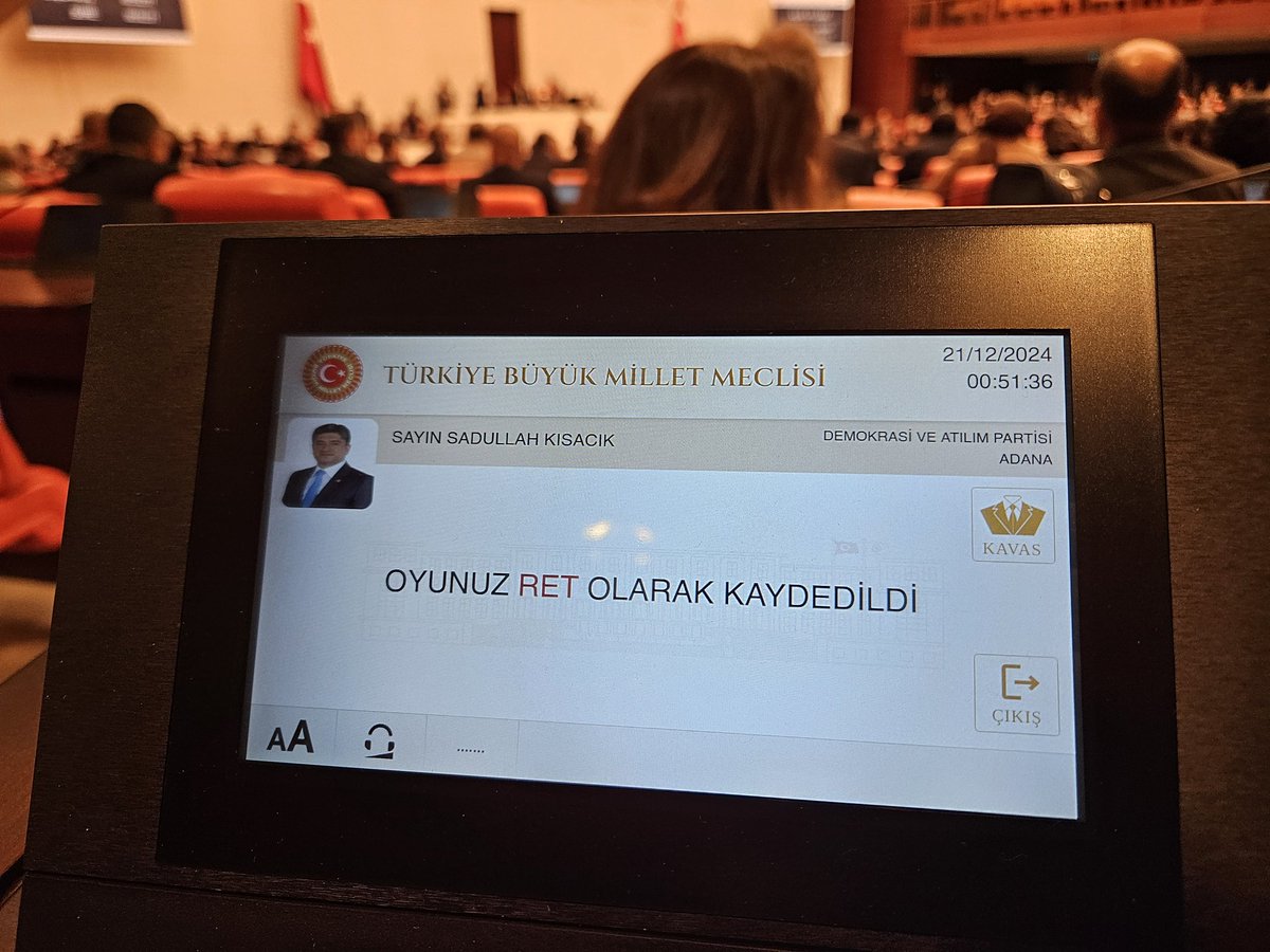 Deva Partisi Adana Milletvekili Sadullah Kısacık'tan Bütçe Teklifi İçin Ret Oyu