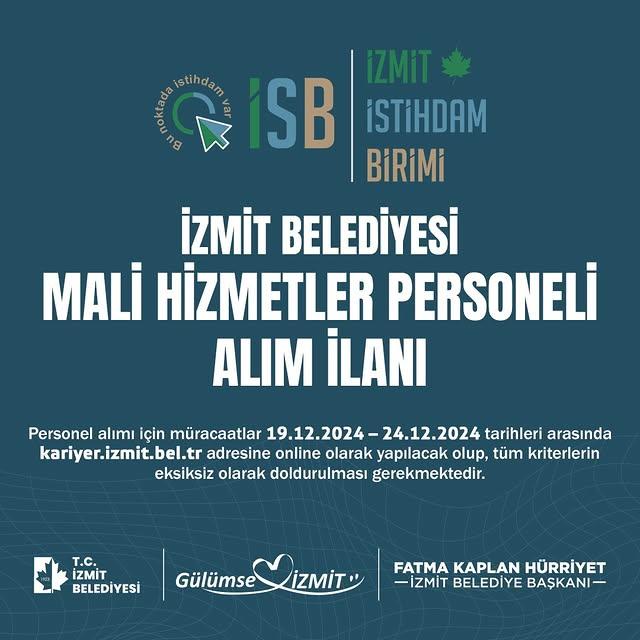 İzmit Belediyesi Mali Hizmetler Birimi Personel Alımı İlanı